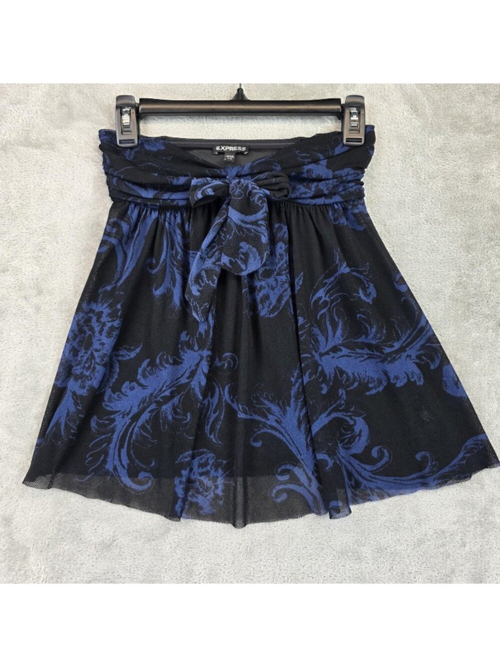Express Blouse Womens XS Black Blue Floral Mesh Bow Tie Strapless Top